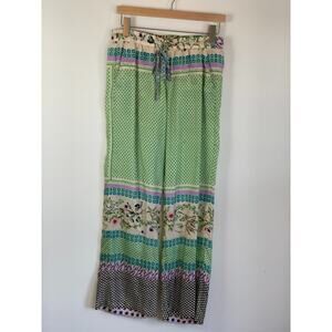 Johnny Was XS Multi Floral Print 100% Silk Green Blue Drawstring Pants Pockets